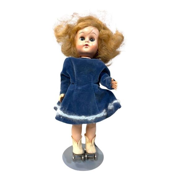 Vintage Blonde Roller Skating Doll In Blue Velvet Dress W/ Stand Collectors READ - Picture 1 of 4
